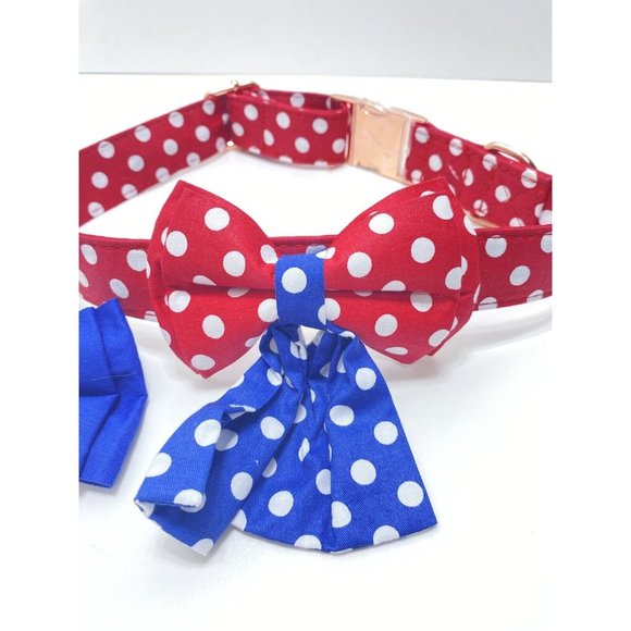 Brand New Polka Dot XL Dog Collar With Removable Bow Ties, Leash Clip Red & Blue - Picture 3 of 7